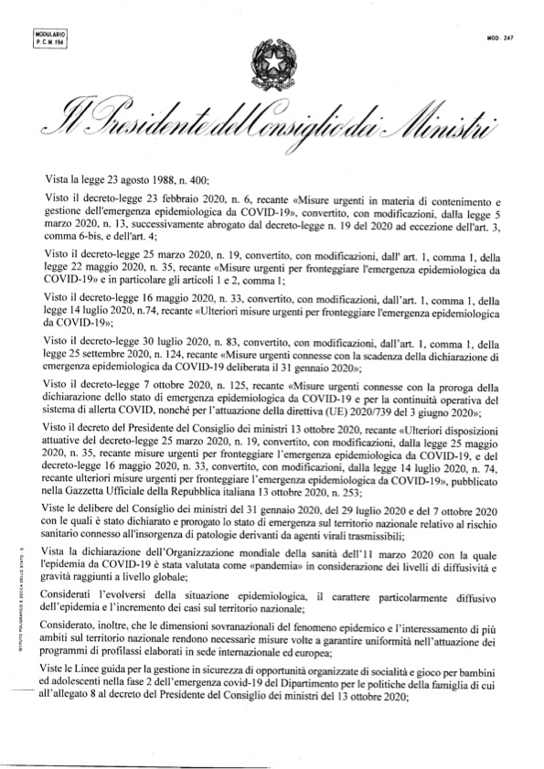 DPCM 18 ottobre 2020